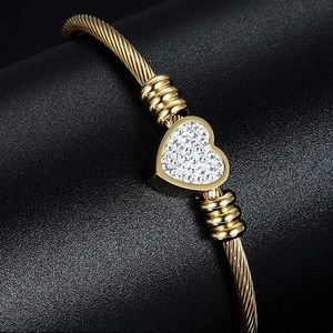 3 COLORS *18K GOLD CABLE WIRE CRYSTAL HEART BANGLE
